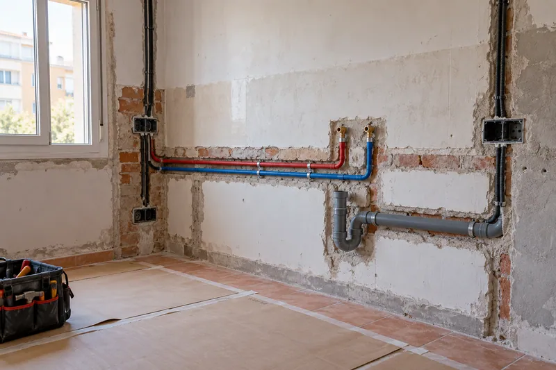 Visualización conceptual IA: Tuberías de suministro y desagüe durante la renovación de una cocina.