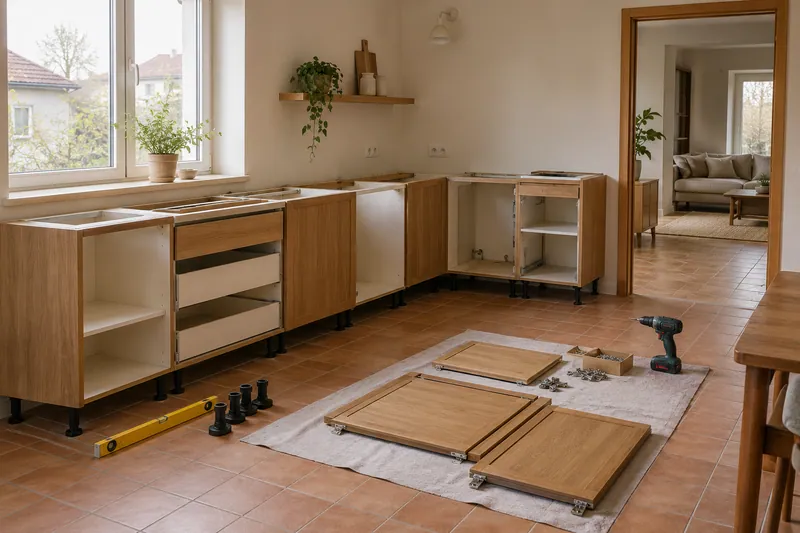 Visualización conceptual IA: Módulos de cocina en montaje con puertas pendientes de colocar.