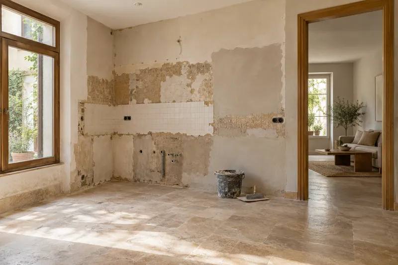 Visualización conceptual IA: Cocina sin muebles con paredes en preparación y zonas de enlucido.